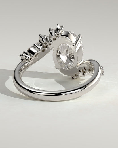 Ezmerelda - Oval Claw Solitaire with Bypass Band and Clustered Round-Marquise Accent Stones Engagement Ring - White Gold