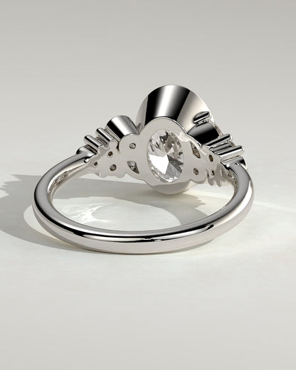 Isabella - Oval Bezel Solitaire with Clustered Round-Marquise Mixed Set Shoulder Stones Engagement Ring - White Gold