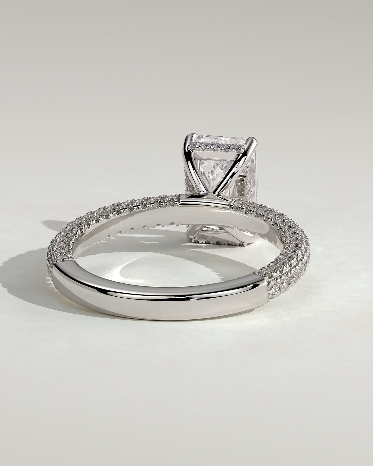 Irene - Radiant Claw Solitaire with Hidden Halo and Triple Pave Band Engagement Ring - White Gold