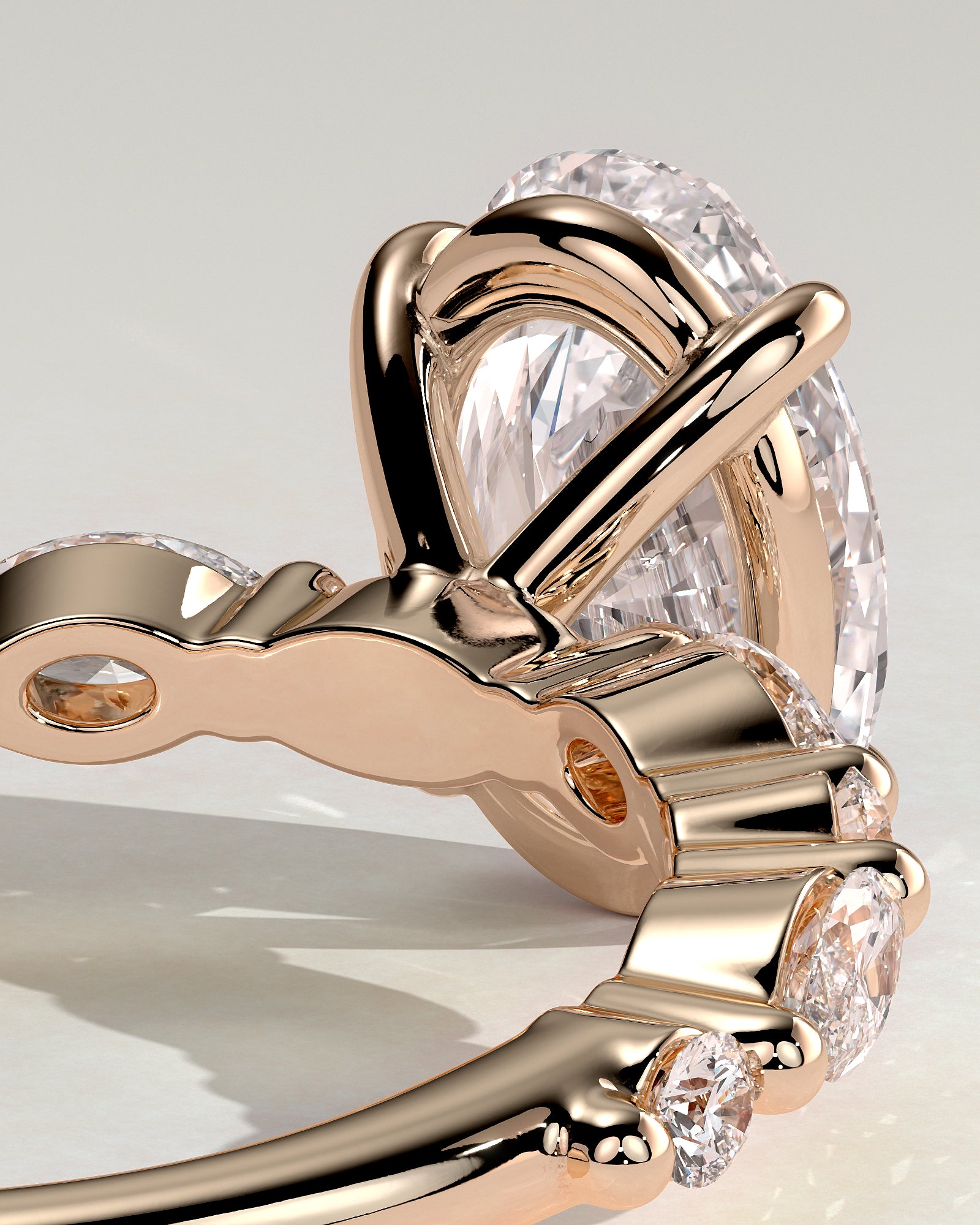 Alyssa - Oval Claw Solitaire with Marquise and Round Accent Stones Engagement Ring - Rose Gold - Rose Gold 2ct