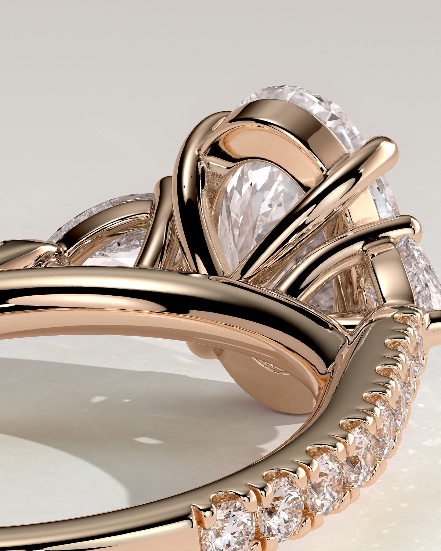 Arabella - Oval Claw Trilogy with Pear Side Stones and Pave Band Engagement Ring - Rose Gold - Rose Gold 2ct