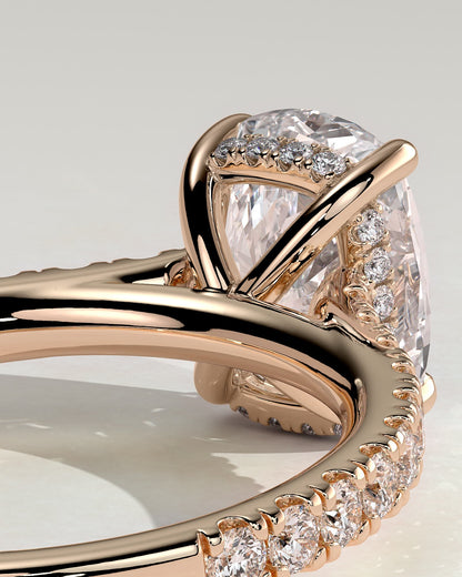 Annika - Elongated Cushion Claw Solitaire with Hidden Halo, Pave Band and Cathedral High Setting Engagement Ring - Rose Gold