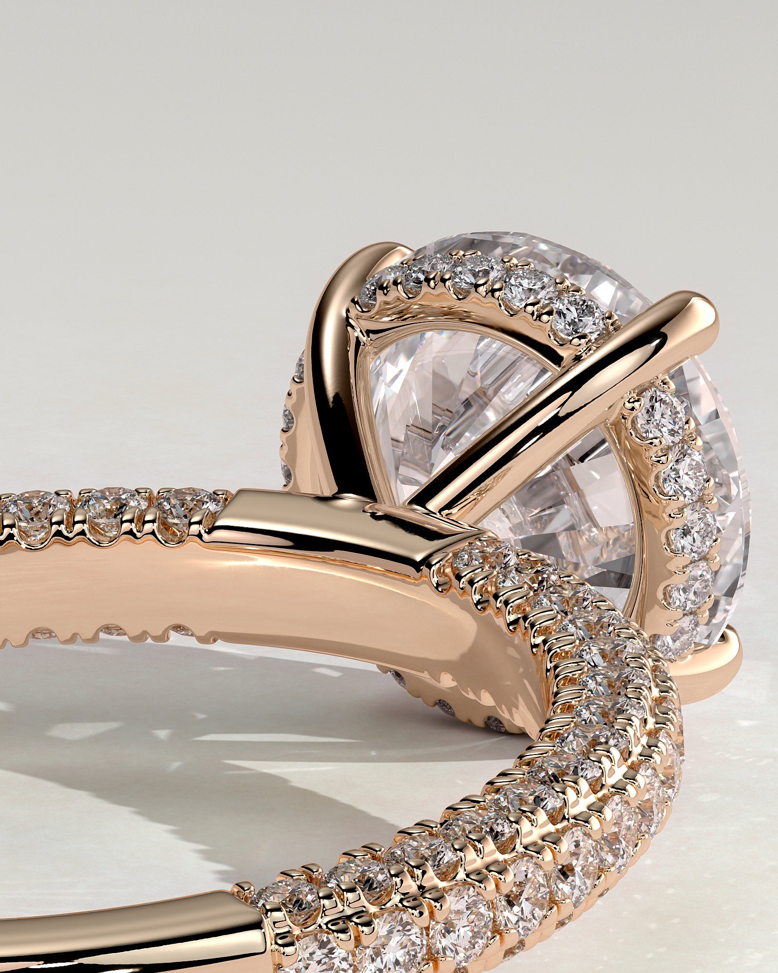 Alex - Round Claw Solitaire with Hidden Halo and Triple Pave Band Engagement Ring - Rose Gold - Rose Gold 2ct