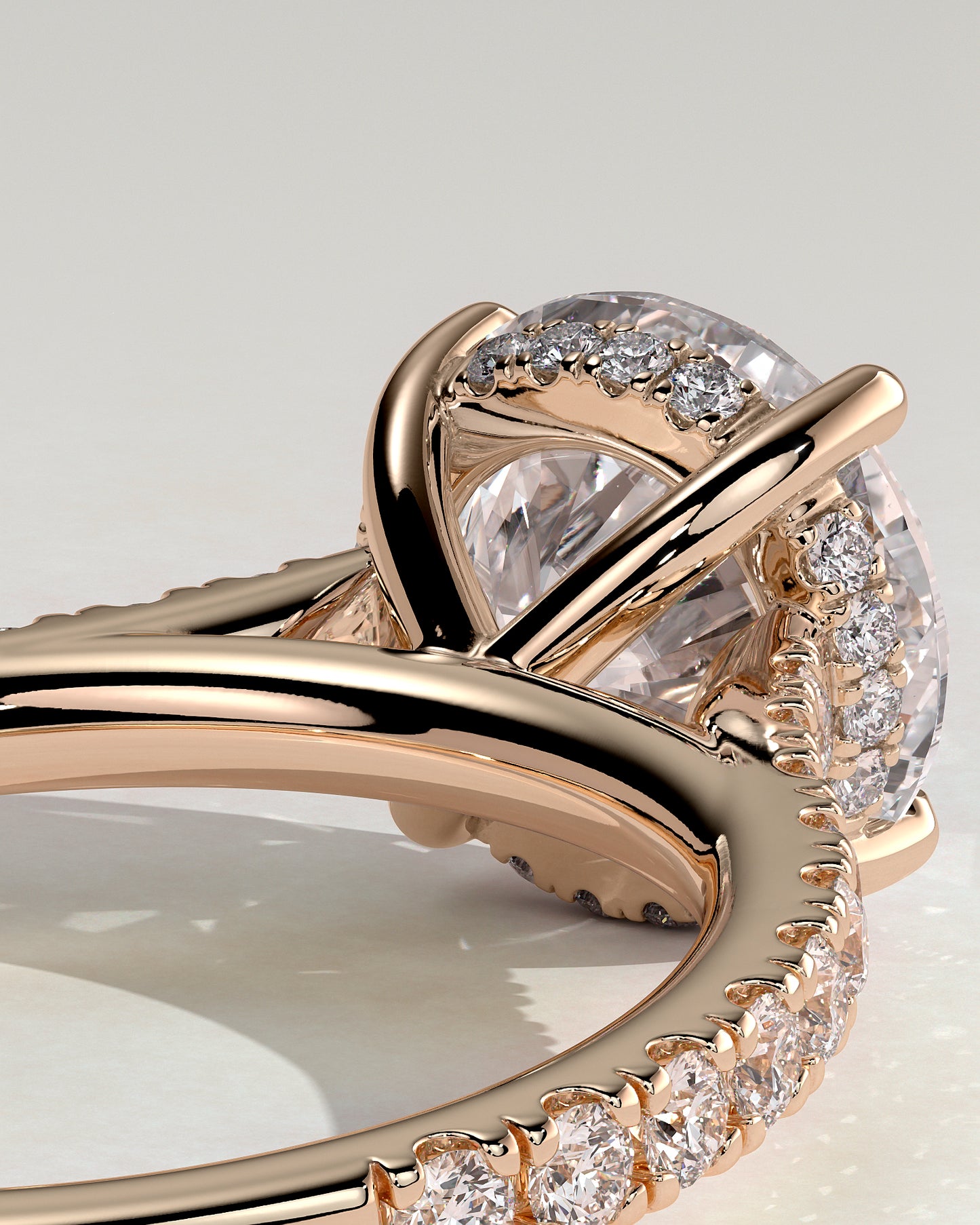 Ashlea - Round Claw Solitaire with Hidden Halo, Pave Band and Cathedral High Setting Engagement Ring - Rose Gold - Rose Gold 2ct