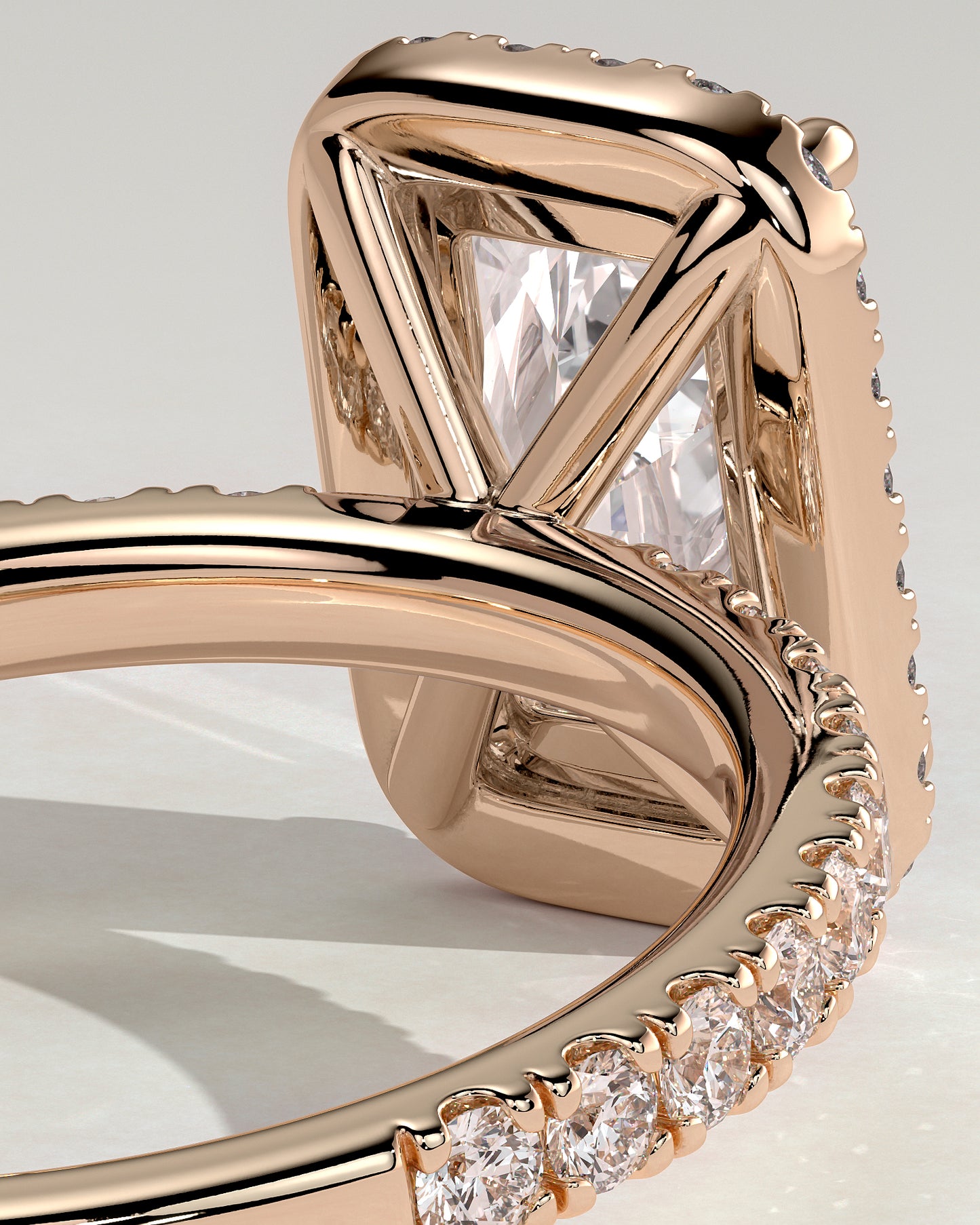 Catherine - Radiant Claw Solitaire with Halo and Pave Band Engagement Ring - Rose Gold - Rose Gold 2ct