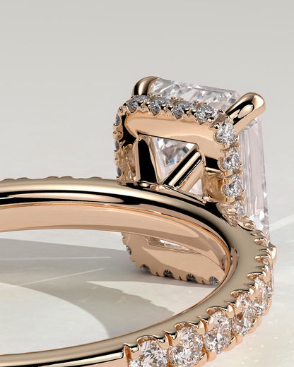 Eliana - Emerald Claw Solitaire with Wrap Around Hidden Halo and Pave Band Engagement Ring - Rose Gold