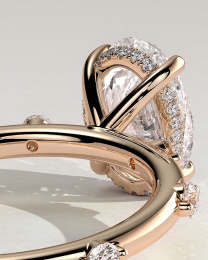 Elise - Oval Claw Solitaire with 6 Spaced Round Accent Stones and Hidden Halo Engagement Ring - Rose Gold