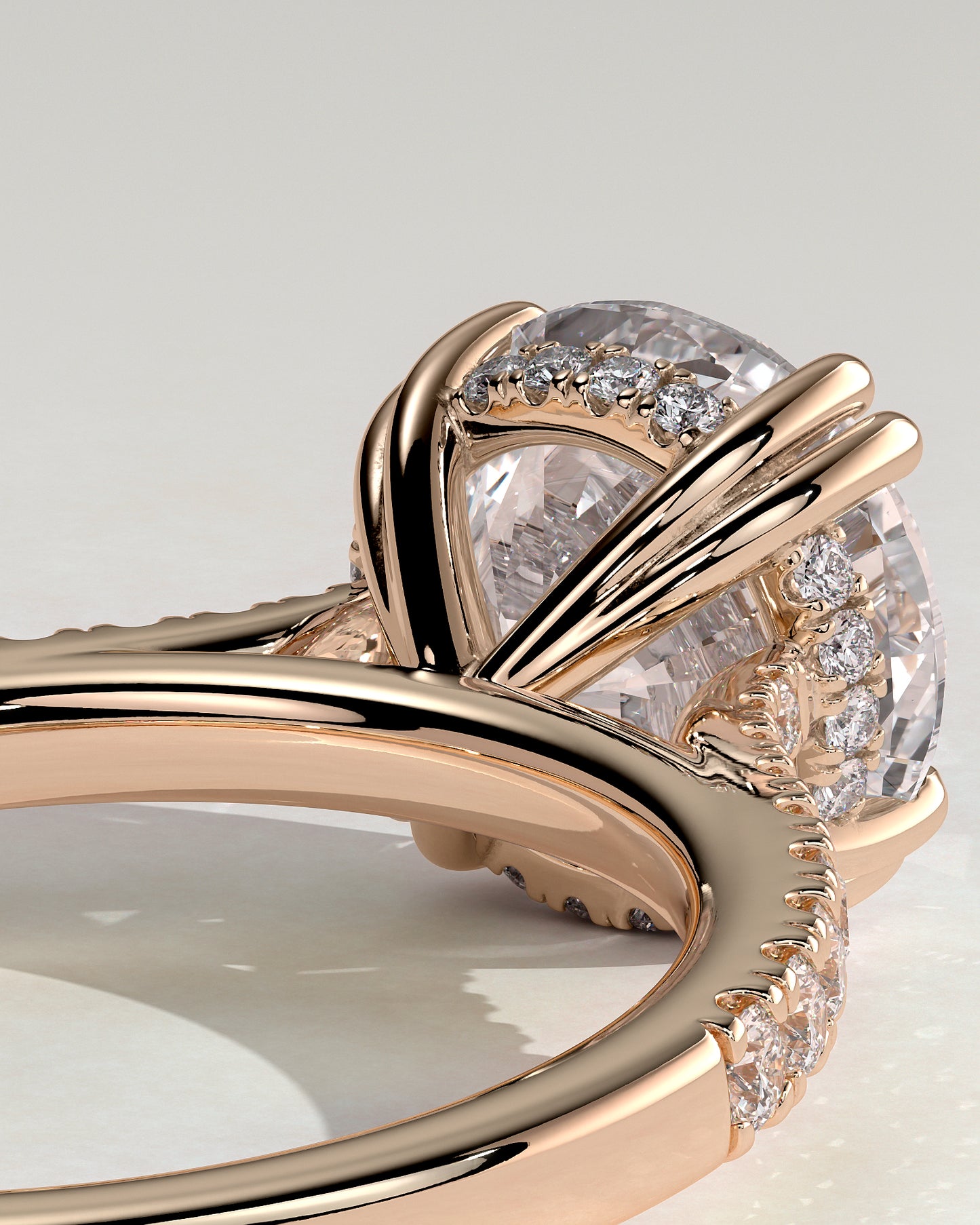 Amelia - Round Double Claw Solitaire with Hidden Halo, Tapered Pave Band and Cathedral High Setting Engagement Ring - Rose Gold - Rose Gold 2ct