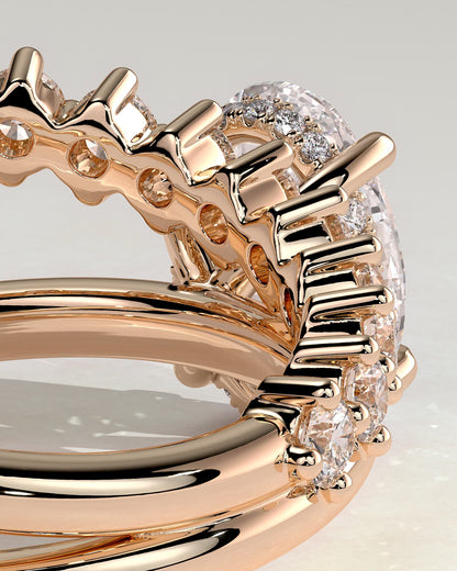 Athena - Oval Claw Solitaire with Double Plain-and-Round-Accent Stones Band Engagement Ring - Rose Gold