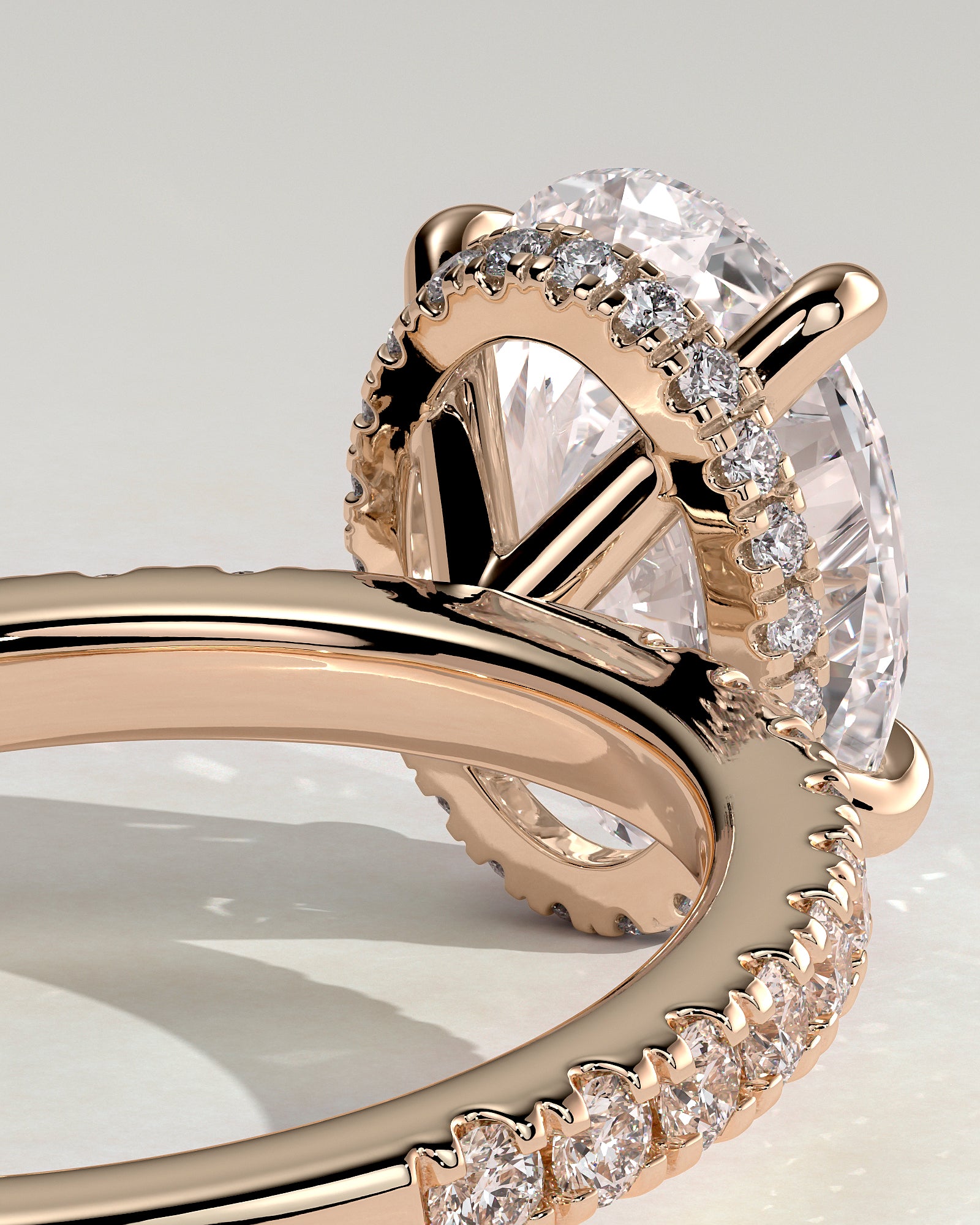 Evangeline - Oval Claw Solitaire with Wrap Around Hidden Halo and Pave Band Engagement Ring - Rose Gold - Rose Gold 2ct