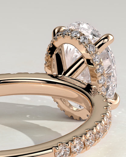 Evangeline - Oval Claw Solitaire with Wrap Around Hidden Halo and Pave Band Engagement Ring - Rose Gold