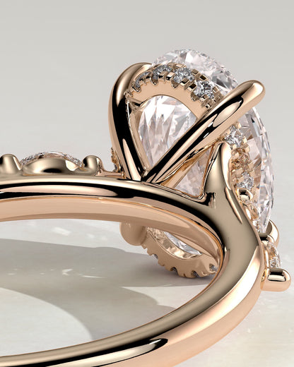 Jamie - Oval Claw Solitaire with Hidden Halo, Opposing Marquise Accents and Cathedral High Setting Engagement Ring - Rose Gold