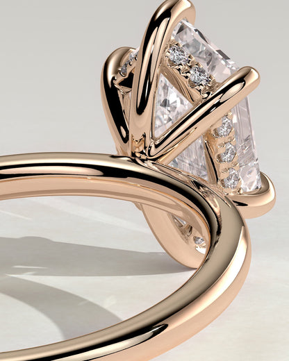 Delta - Elongated Hexagon Claw Solitaire with Hidden Halo Engagement Ring - Rose Gold
