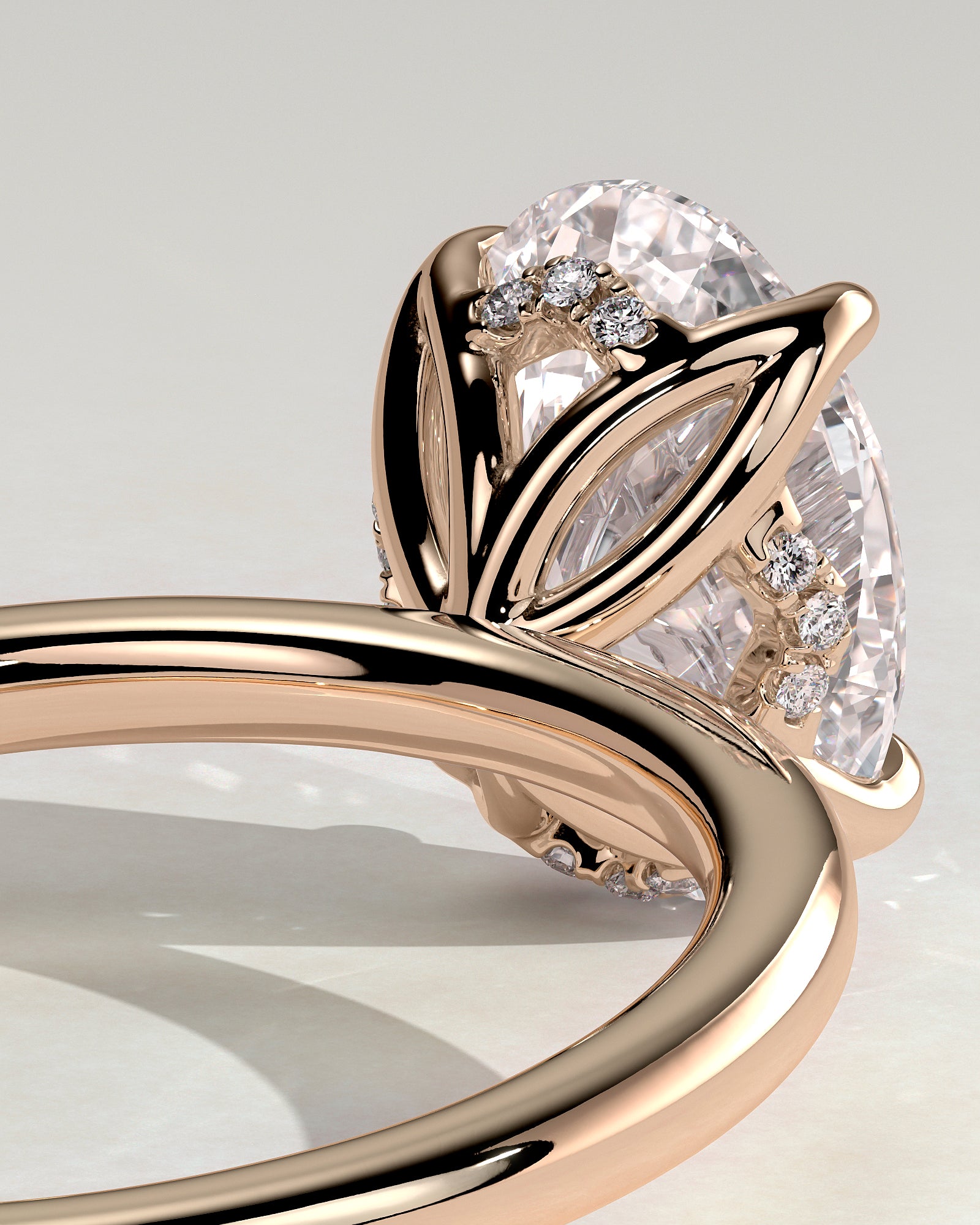 Ivy - Oval Claw Solitaire with Petal Gallery and Accented Tiara Detail Engagement Ring - Rose Gold - Rose Gold 2ct