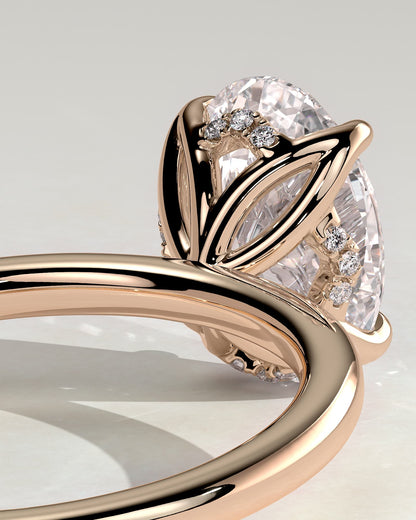 Ivy - Oval Claw Solitaire with Petal Gallery and Accented Tiara Detail Engagement Ring - Rose Gold