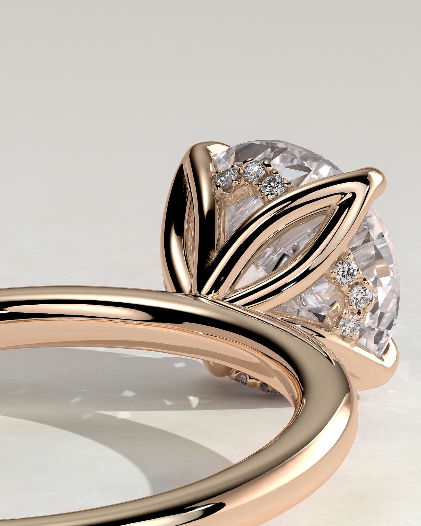 Dahlia - Round Claw Solitaire with Petal Gallery and Accented Tiara Detail Engagement Ring - Rose Gold