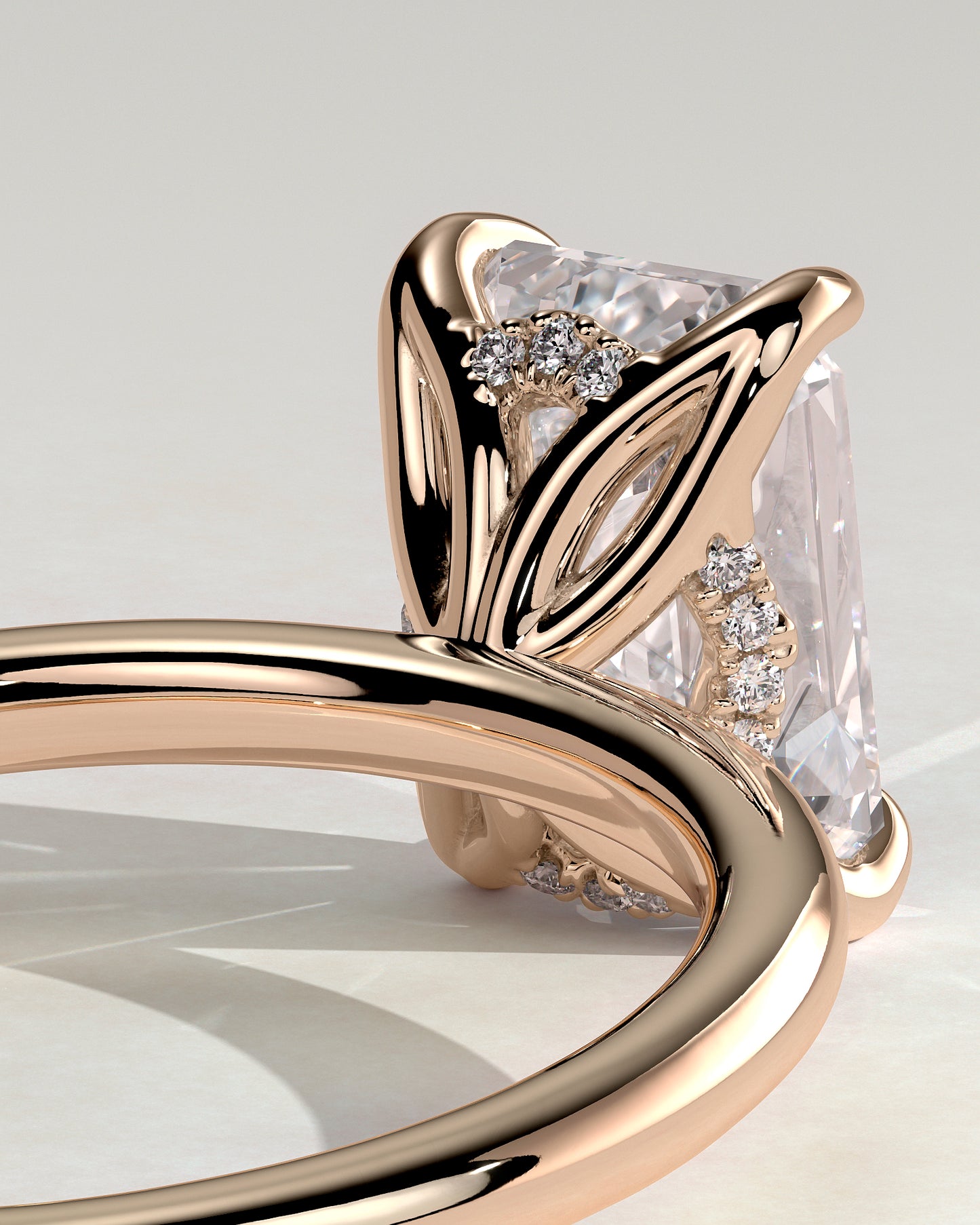 Freesia - Emerald Claw Solitaire with Petal Gallery and Accented Tiara Detail Engagement Ring - Rose Gold - Rose Gold 2ct