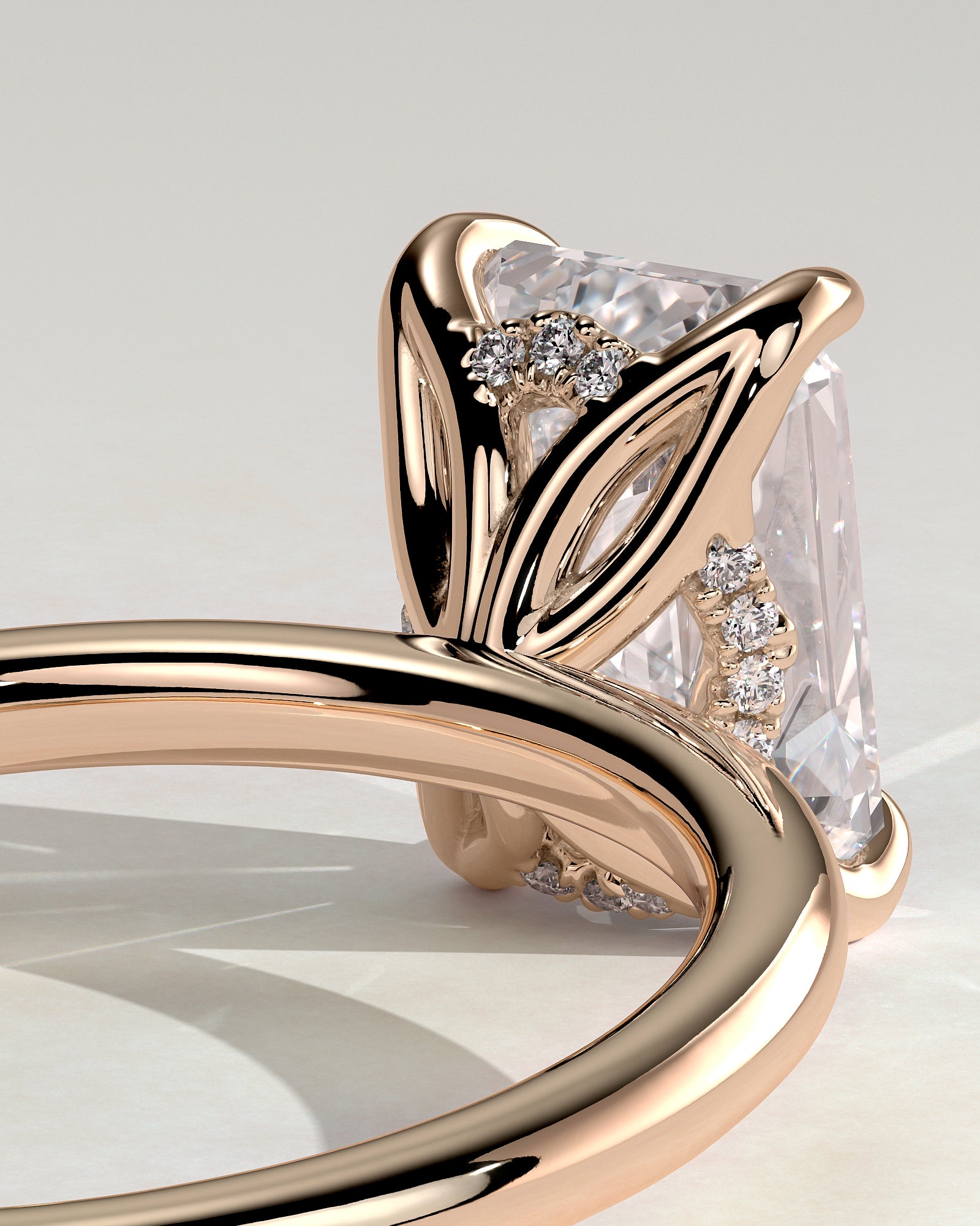 Freesia - Emerald Claw Solitaire with Petal Gallery and Accented Tiara Detail Engagement Ring - Rose Gold - Rose Gold 2ct