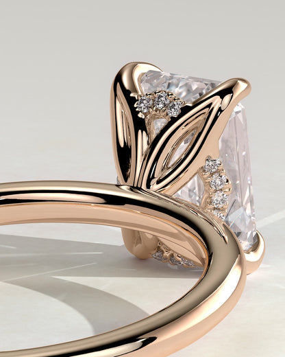 Freesia - Emerald Claw Solitaire with Petal Gallery and Accented Tiara Detail Engagement Ring - Rose Gold