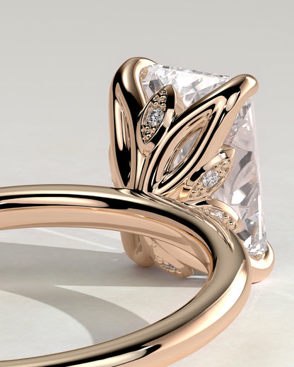 Evie - Radiant Claw Solitaire with Petal Gallery and Accent Leaf Detail Engagement Ring - Rose Gold