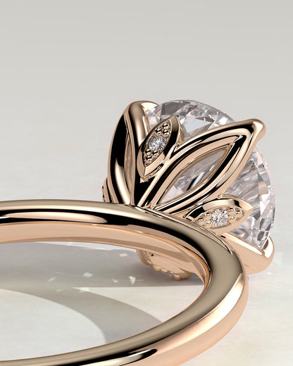 Joy - Round Claw Solitaire with Petal Gallery and Accent Leaf Detail Engagement Ring - Rose Gold