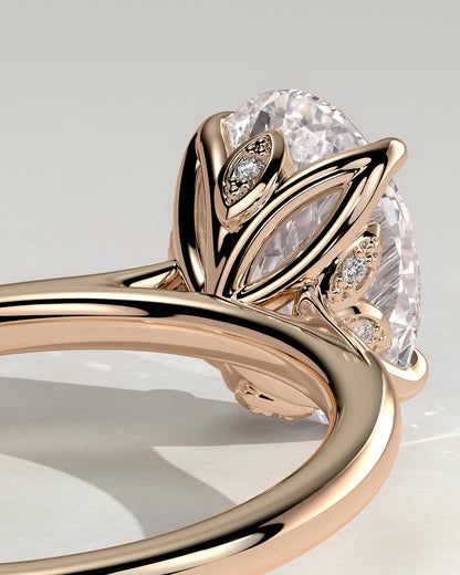 Erica - Oval Claw Solitaire with Petal Gallery, Accent Leaf Detail and Cathedral Setting Engagement Ring - Rose Gold