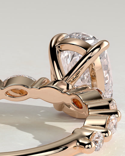 Delphine - Elongated Cushion Claw Solitaire with Marquise and Round Accent Stones Engagement Ring - Rose Gold