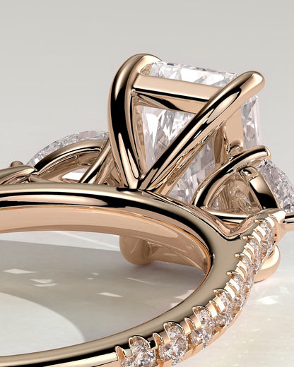 Ginny - Radiant Claw Trilogy with Pear Side Stones and Pave Band Engagement Ring - Rose Gold