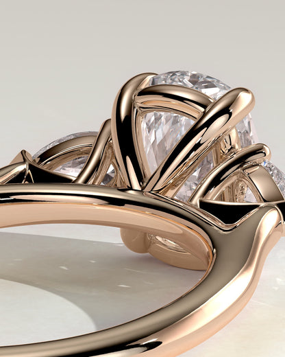 Cataleya - Elongated Cushion Claw Trilogy with Pear Side Stones and Cathedral Setting Engagement Ring - Rose Gold