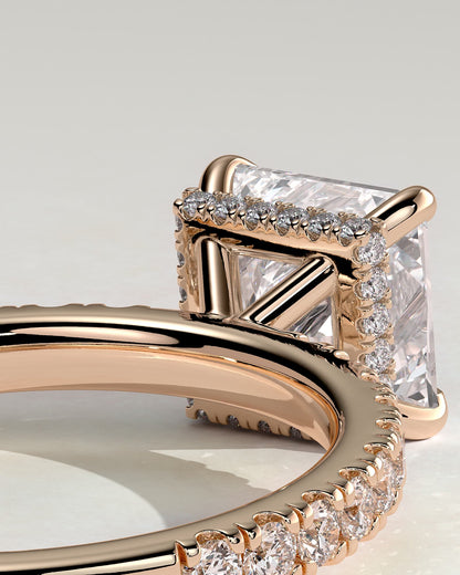 Brooklyn - Princess Claw Solitaire with Wrap Around Hidden Halo and Pave Band Engagement Ring - Rose Gold