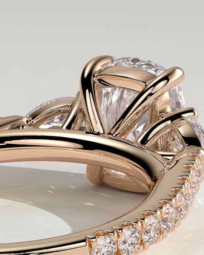 Bree - Elongated Cushion Claw Trilogy with Pear Side Stones and Pave Band Engagement Ring - Rose Gold
