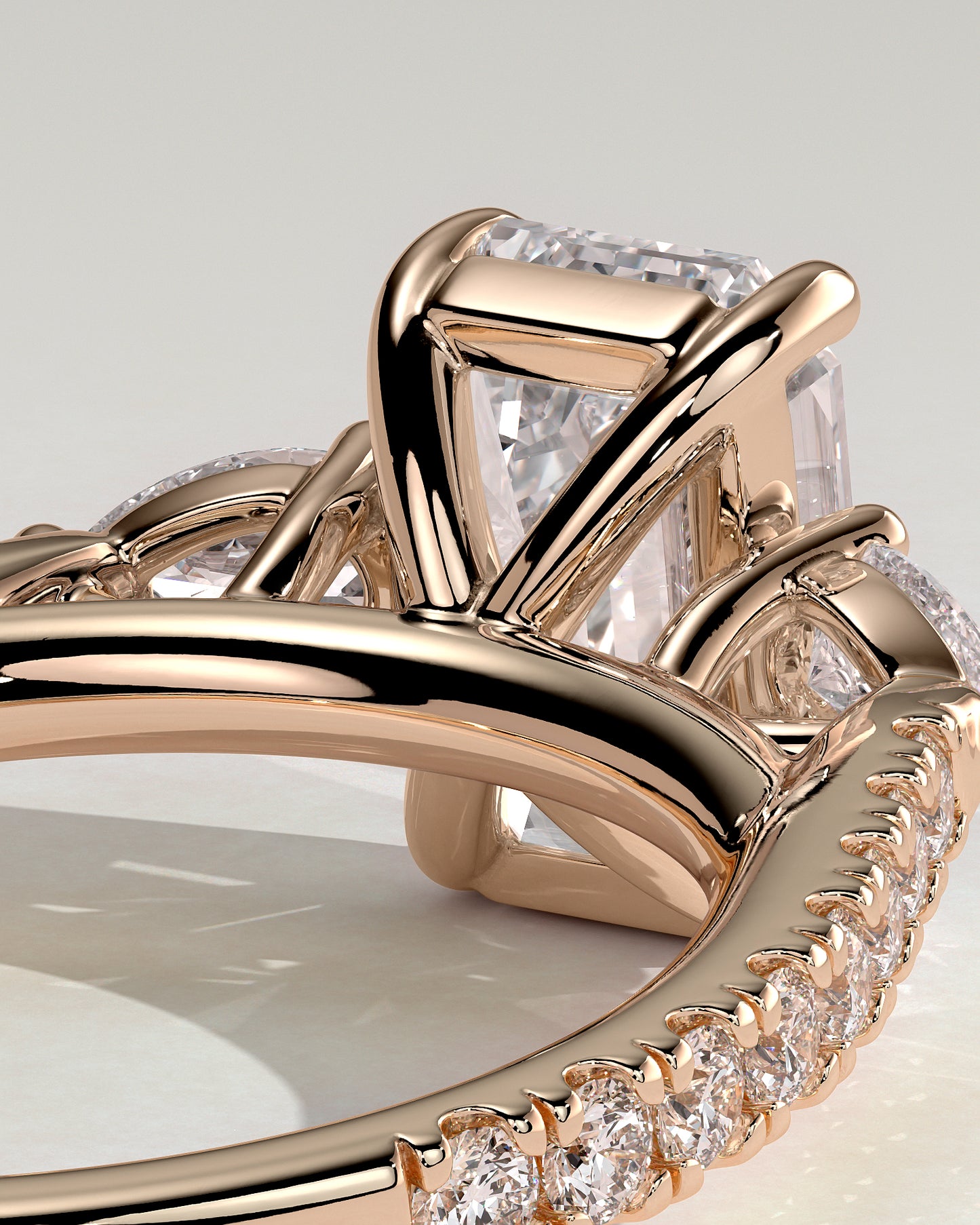 Autumn - Emerald Claw Trilogy with Pear Side Stones and Pave Band Engagement Ring - Rose Gold - Rose Gold 2ct