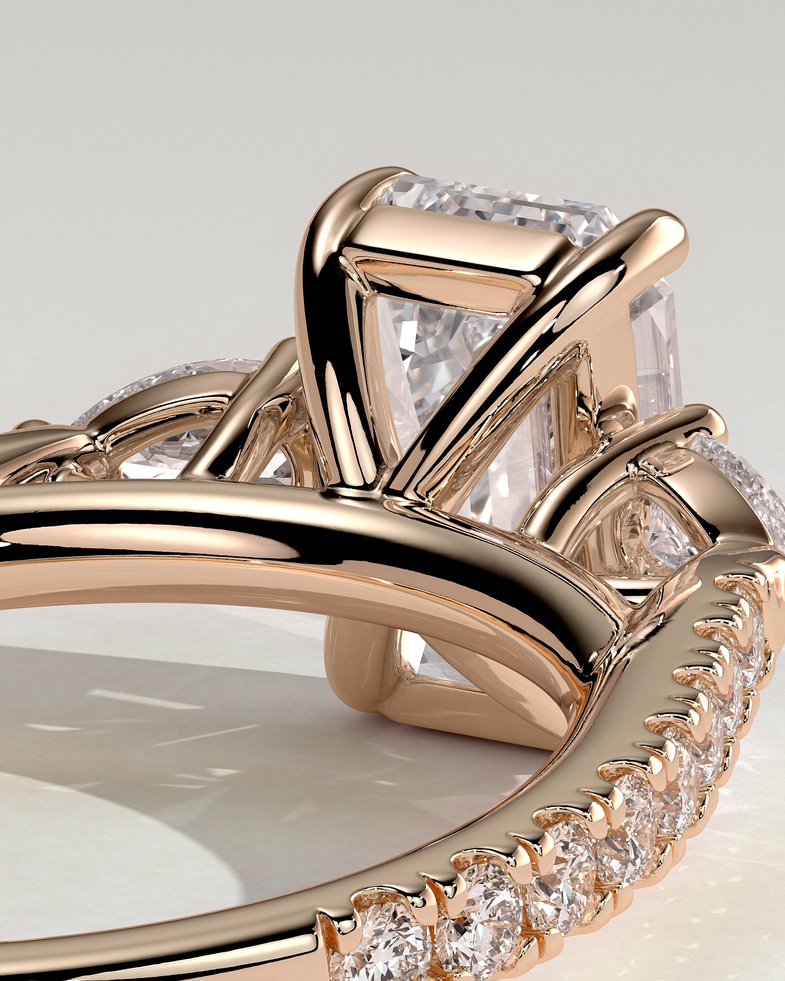Autumn - Emerald Claw Trilogy with Pear Side Stones and Pave Band Engagement Ring - Rose Gold - Rose Gold 2ct