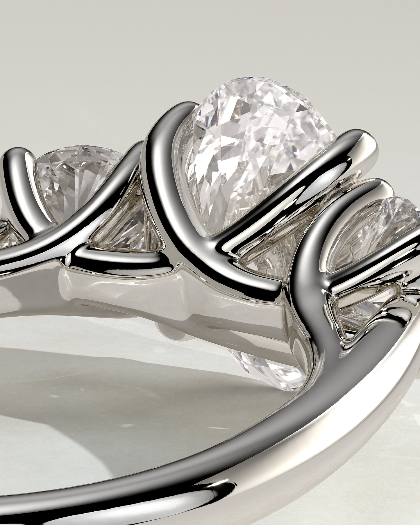 Grace - Oval Claw Trilogy with Round Side Stones, Open Trellis Gallery and Tapered Band Engagement Ring - Platinum - White Gold / Platinum 2ct