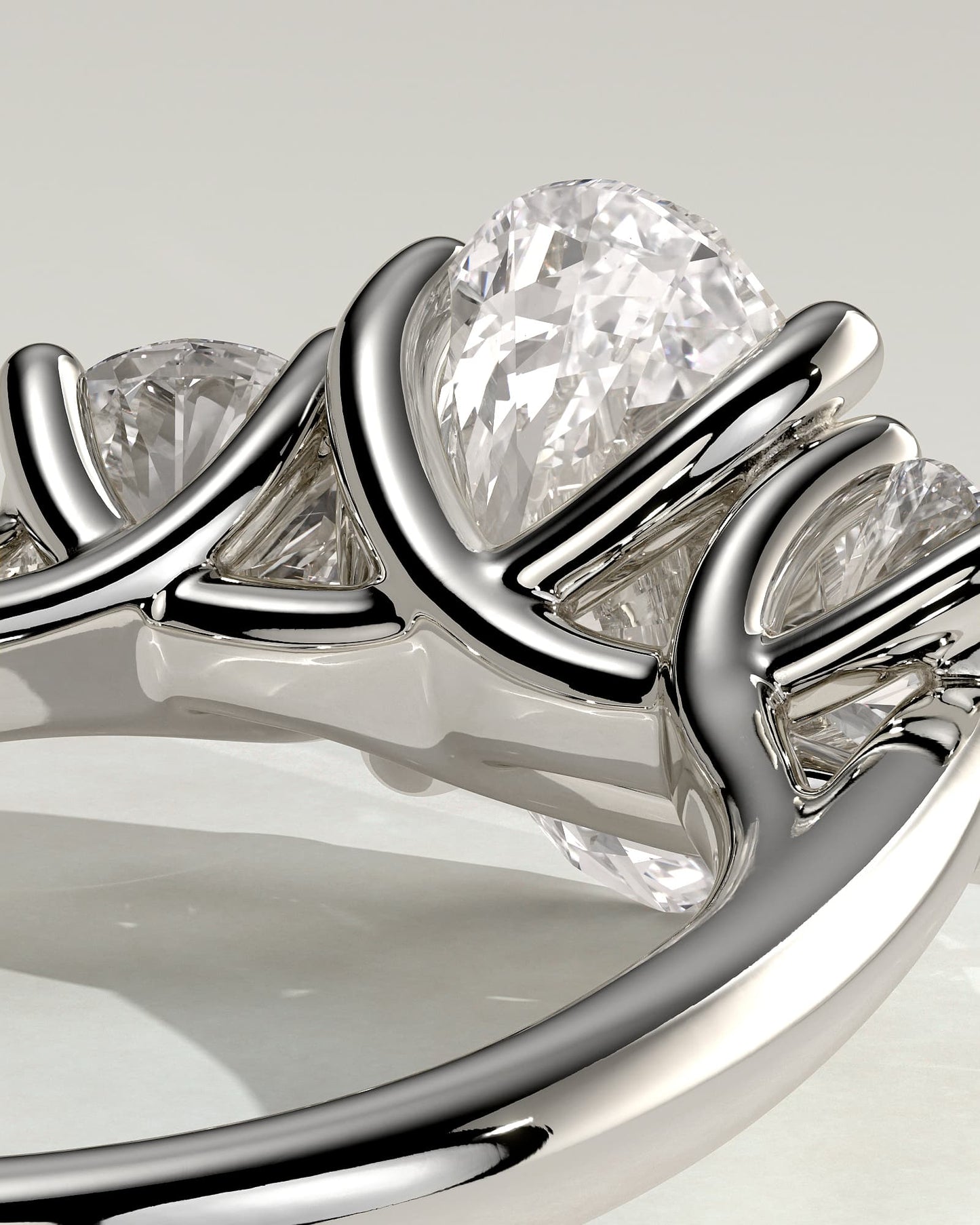Grace - Oval Claw Trilogy with Round Side Stones, Open Trellis Gallery and Tapered Band Engagement Ring - White Gold