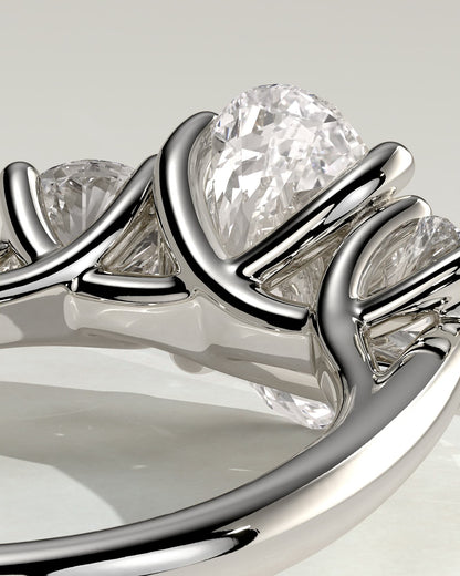Grace - Oval Claw Trilogy with Round Side Stones, Open Trellis Gallery and Tapered Band Engagement Ring - White Gold