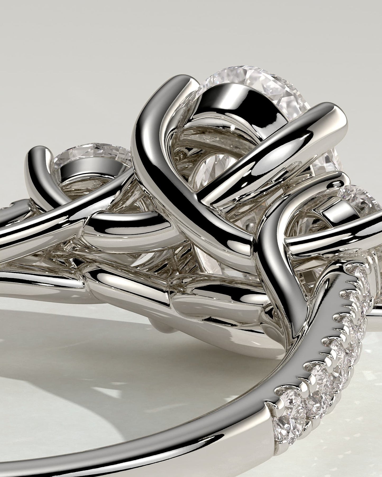 Aviana - Oval Claw Trilogy with Round Side Stones, Pave Band and Trellis Gallery  Engagement Ring - White Gold