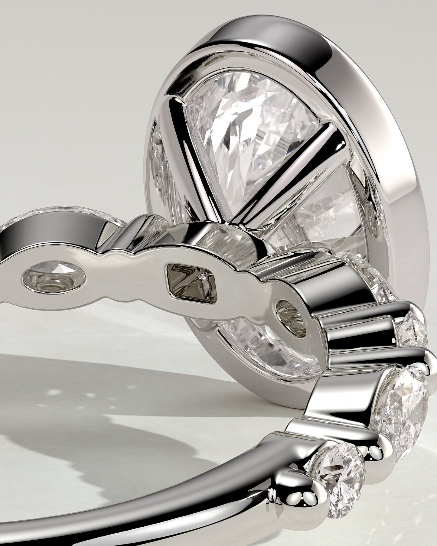 Aylin - Oval Bezel Solitaire with Marquise-Round Accent Stones Engagement Ring - White Gold