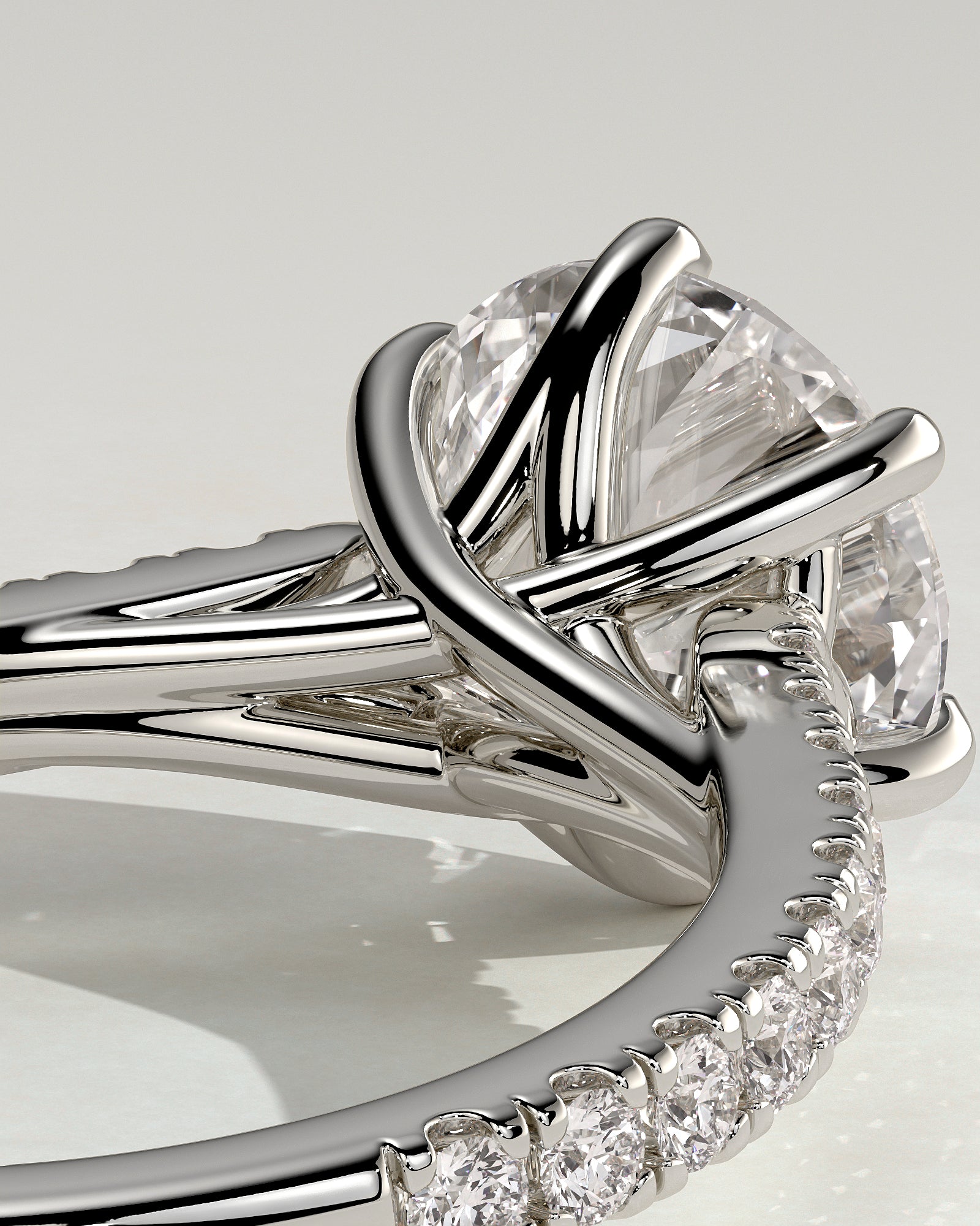Briar - Round Claw Solitaire with Trellis Gallery, Pave Band and Cathedral Low Setting Engagement Ring - Platinum - White Gold / Platinum 2ct