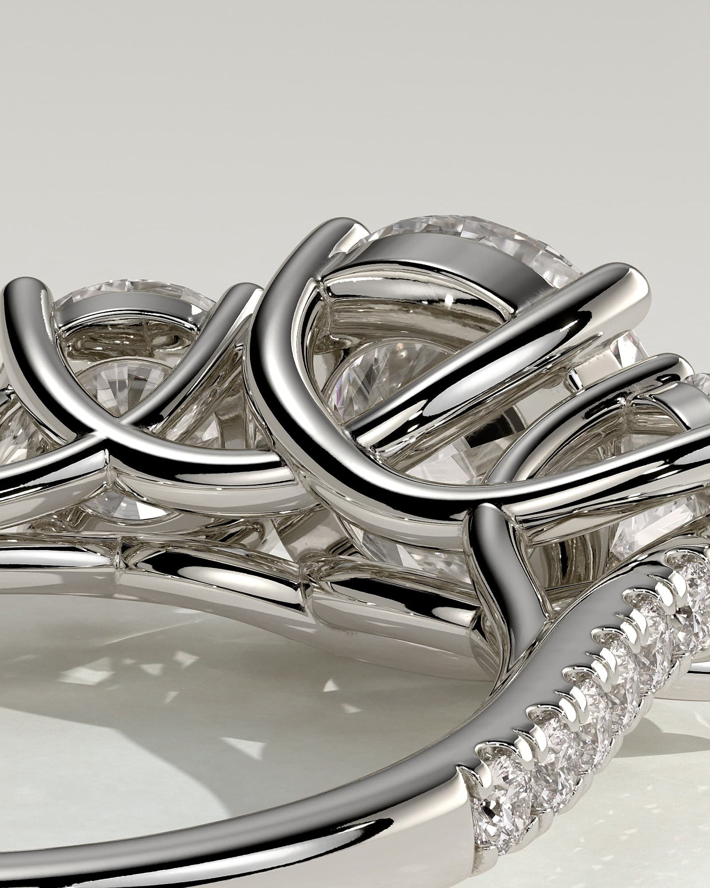 Ella - Round Claw Trilogy with Round Side Stones, Pave Band and Trellis Gallery  Engagement Ring - White Gold