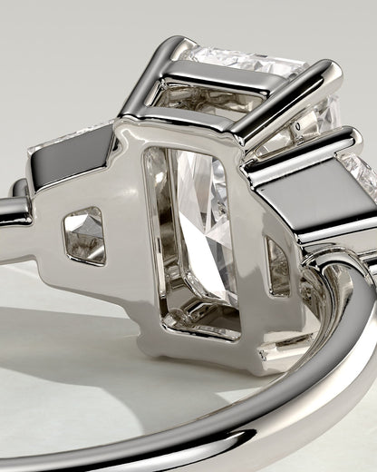 Juliette - Radiant Claw Trilogy with Trapezoid Side Stones and Low Setting Engagement Ring - White Gold