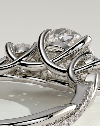 Jaylene - Round Claw Trilogy with Round Side Stones, Twisted Pave Band and Trellis Gallery Engagement Ring - Platinum