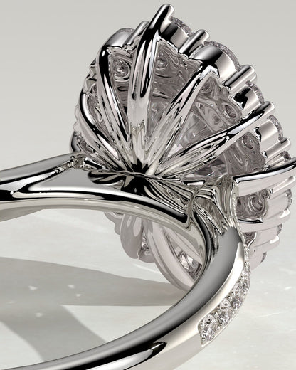 Jessica - Round Claw Solitaire with Graduating Halo and Bead Set Micropave and Tapered Band Engagement Ring - White Gold