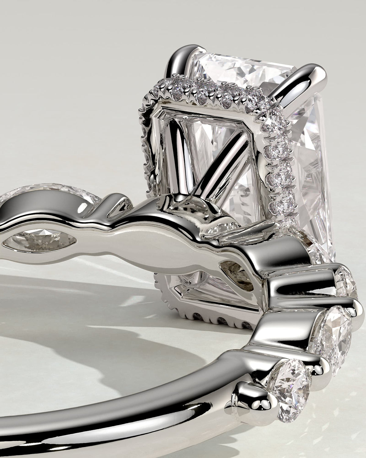 Kyla - Radiant Claw Solitaire with Marquise-Round Accent Stones and Wrap Around Hidden Halo Engagement Ring - White Gold