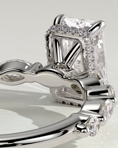 Kyla - Radiant Claw Solitaire with Marquise-Round Accent Stones and Wrap Around Hidden Halo Engagement Ring - White Gold