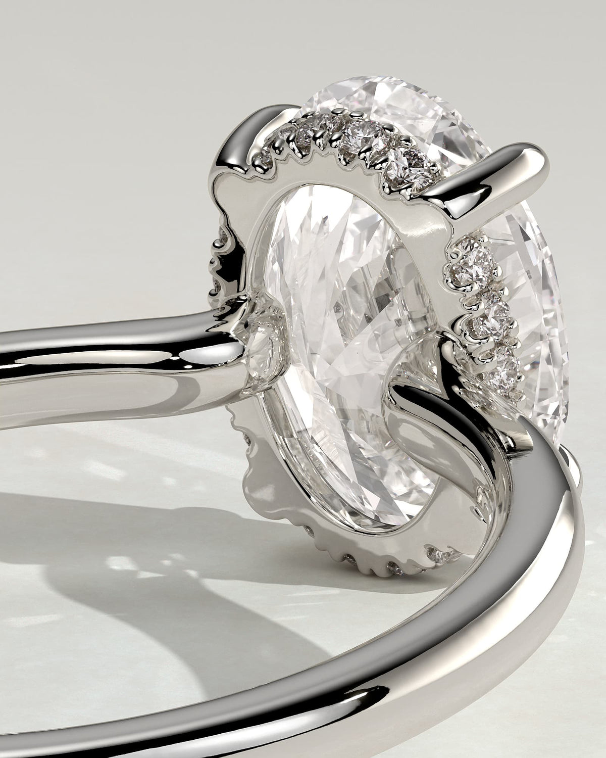 Kiana - Oval Claw Solitaire with Hidden Halo and Floating Cathedral Low Setting Engagement Ring - White Gold