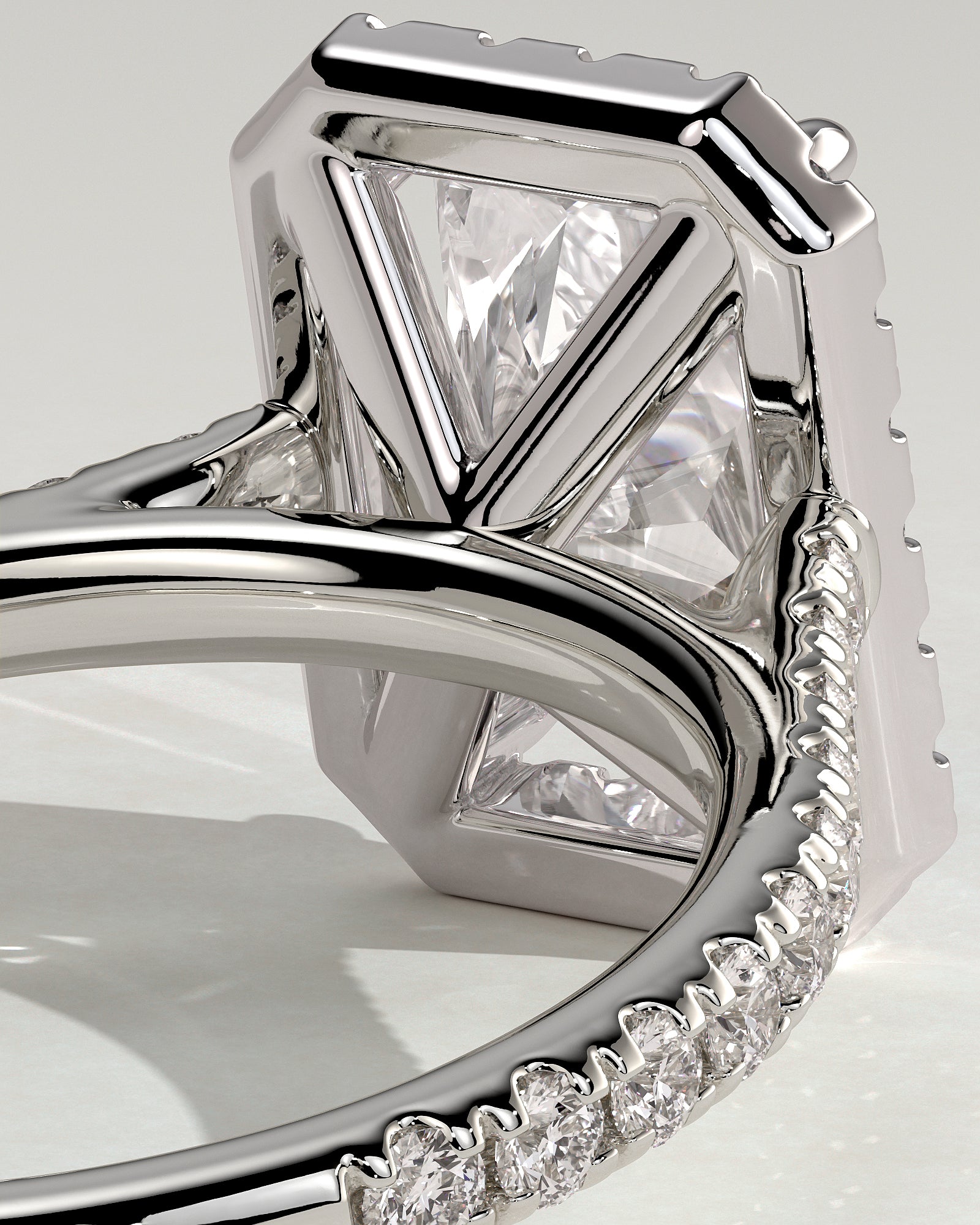 Clementine - Radiant Claw Solitaire with Halo and Pave Band and Cathedral High Setting Engagement Ring - Platinum - White Gold / Platinum 2ct