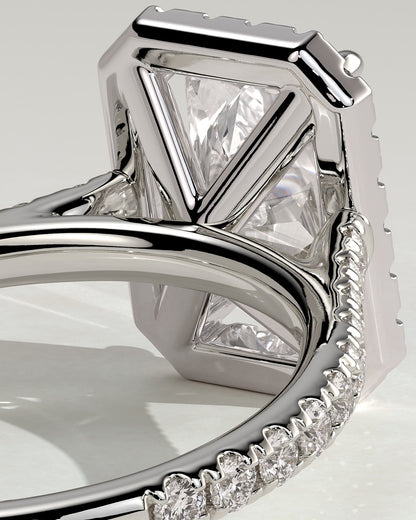 Clementine - Radiant Claw Solitaire with Halo and Pave Band and Cathedral High Setting Engagement Ring - Platinum