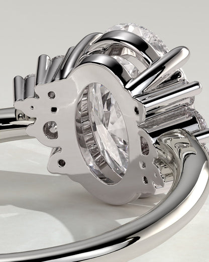 Esther - Oval Claw Solitaire with Clustered Round Opposing Shoulder Stones Engagement Ring - Platinum