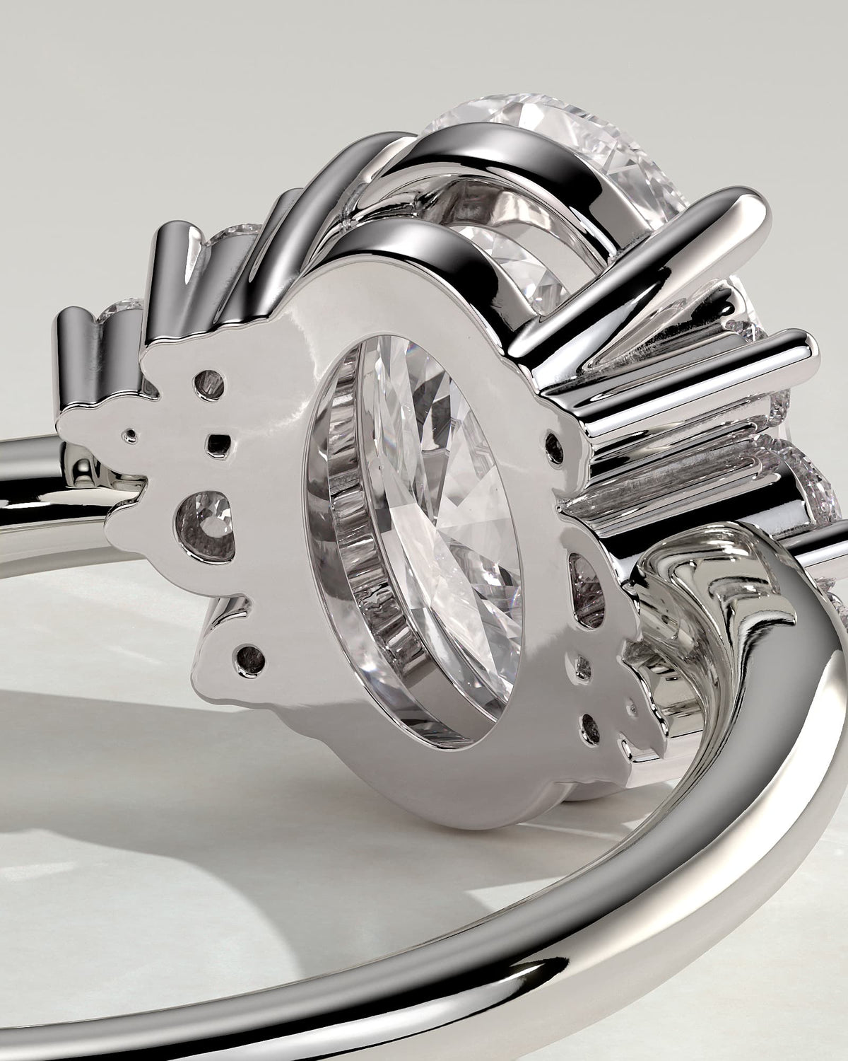 Esther - Oval Claw Solitaire with Clustered Round Opposing Shoulder Stones Engagement Ring - White Gold